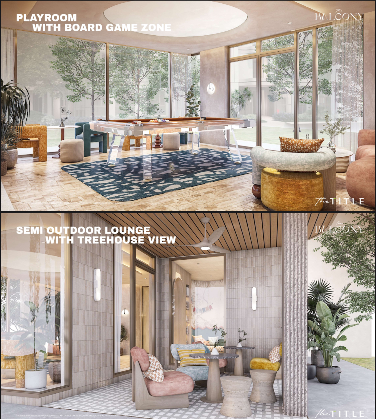 The Balcony Phuket playroom with board game zone and semi-outdoor lounge with treehouse view.