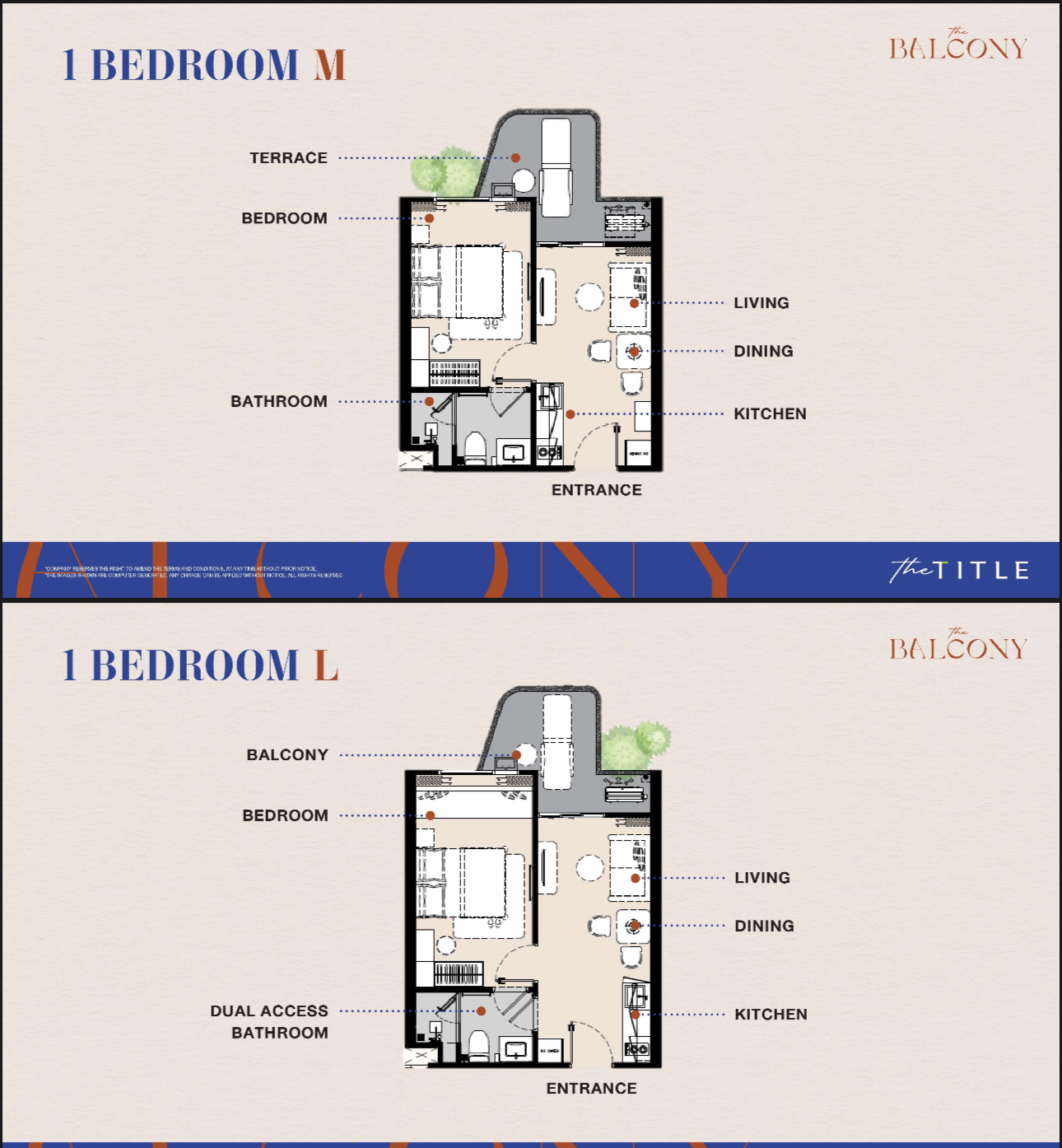 The Balcony Phuket floor plans — 1 Bedroom M and 1 Bedroom L layouts.