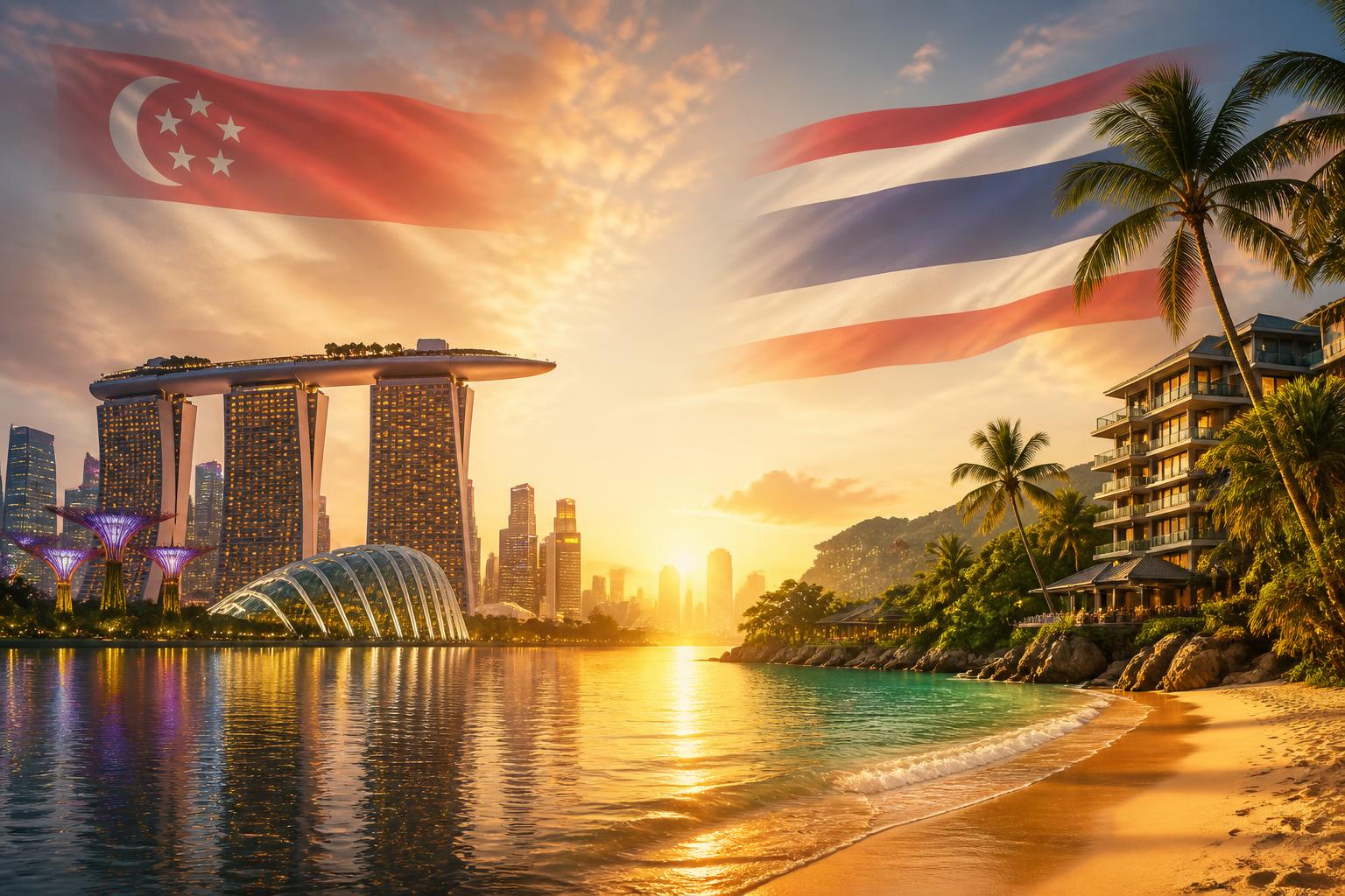 Singaporeans buying property in Thailand — Singapore Thailand bilateral investment Singapore Marina Bay skyline and Phuket beachfront resort with Singapore and Thailand flags — Singaporean investment into Thai property.