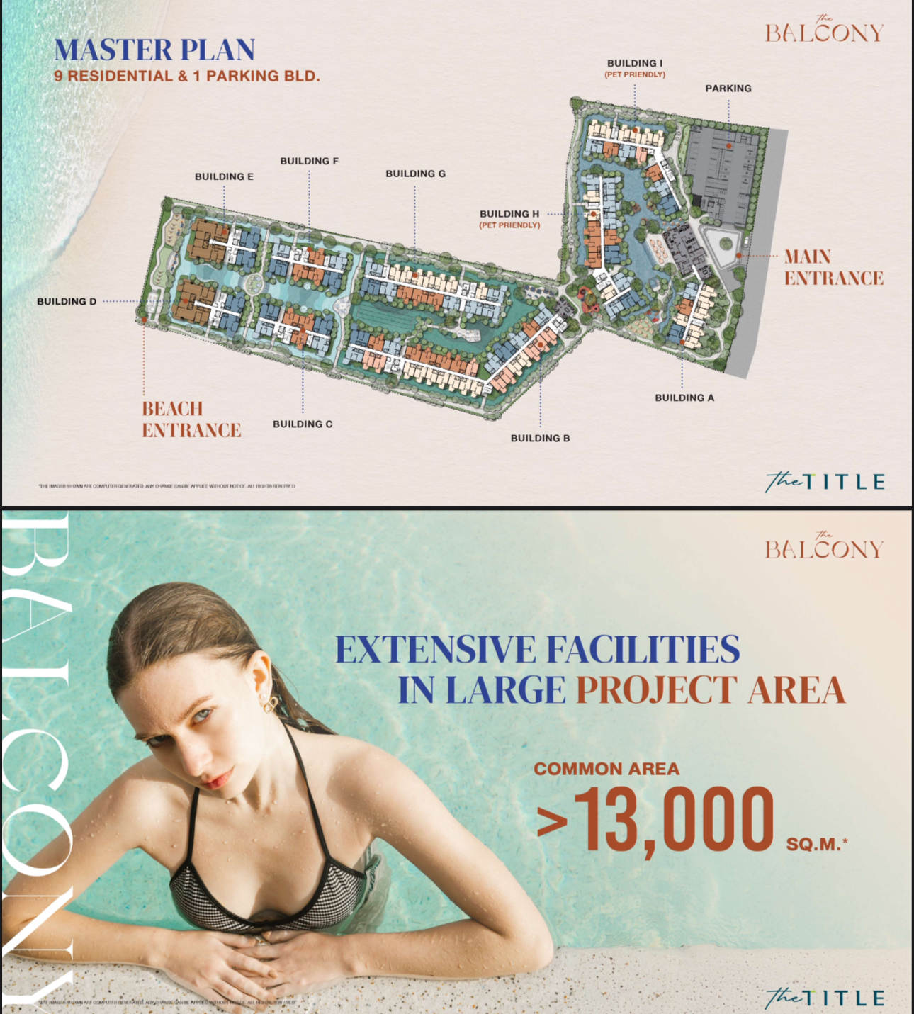 The Balcony Phuket master plan — 9 residential and 1 parking building, beach and main entrances.