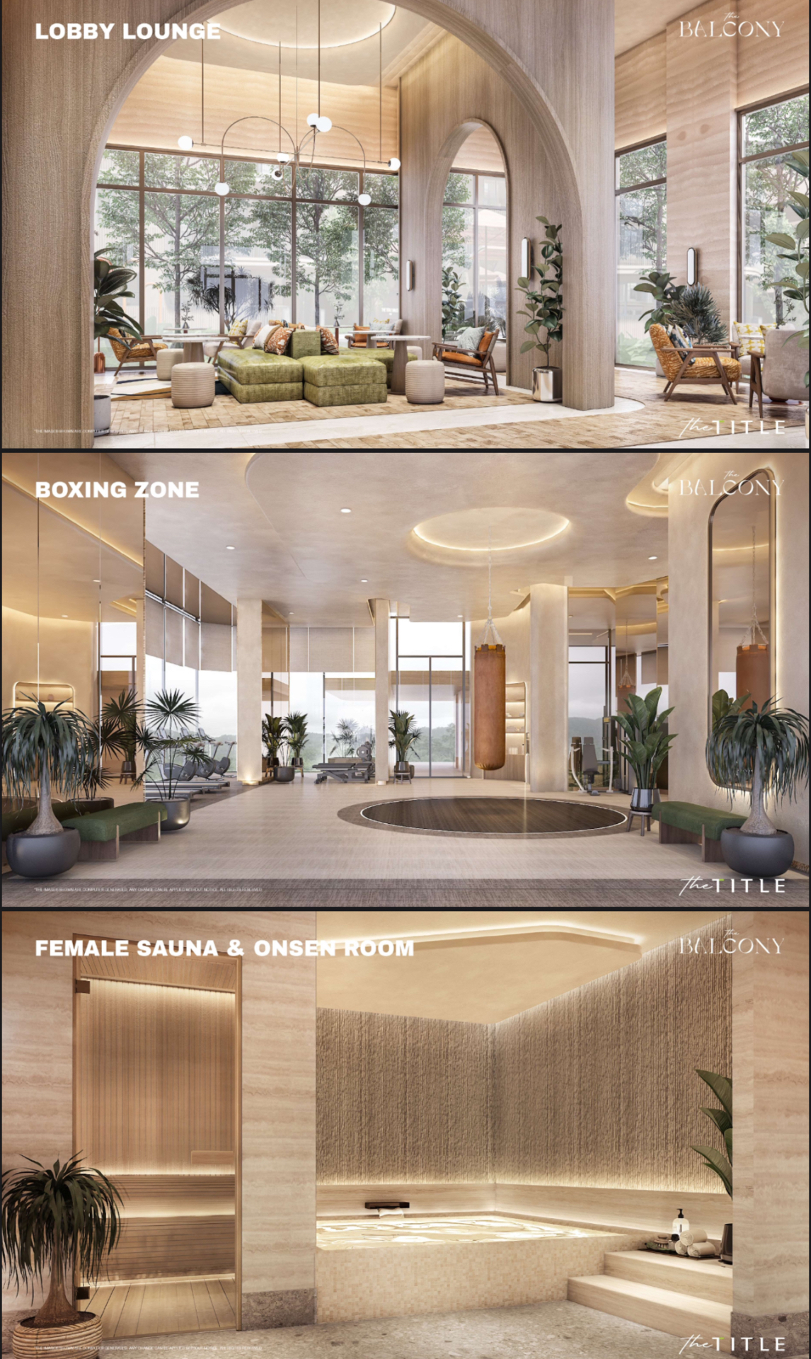 The Balcony Phuket lobby lounge, boxing zone fitness facility and female sauna & onsen room.