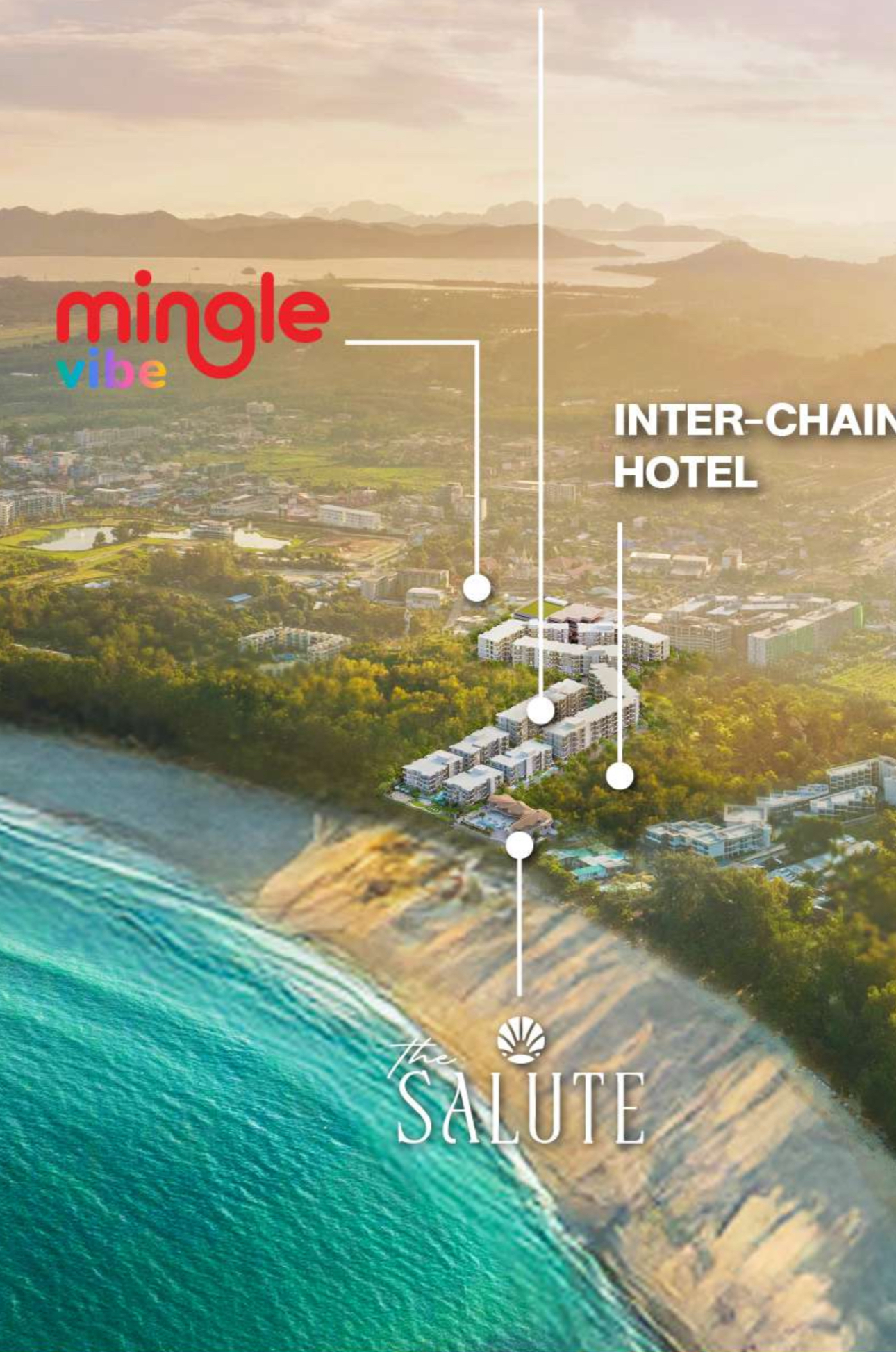 The Balcony Phuket aerial — beachfront positioning at Nai Yang, adjacent to The Salute and Mingle Vibe.