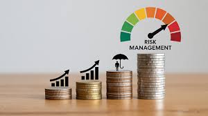 Risk management dial above ascending coin stacks, illustrating downside-aware investing.