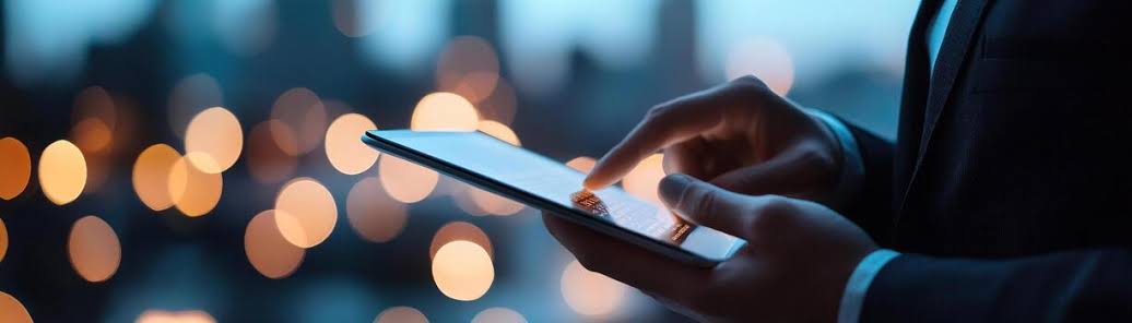 Investor reviewing portfolio research on a tablet, city lights in background.