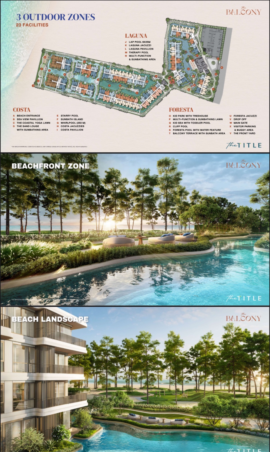 The Balcony Phuket — 3 outdoor zones (Costa, Laguna, Foresta) with 23 facilities; beachfront pool render.