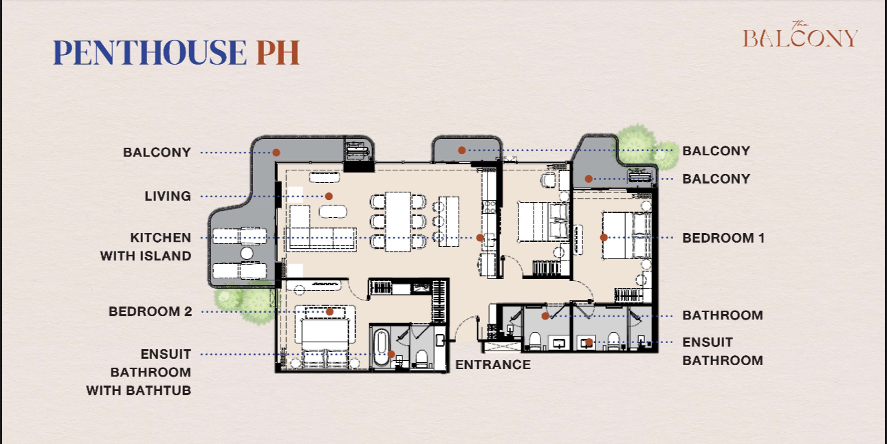The Balcony Phuket floor plan — Penthouse PH layout, two bedrooms with three balconies and kitchen island.