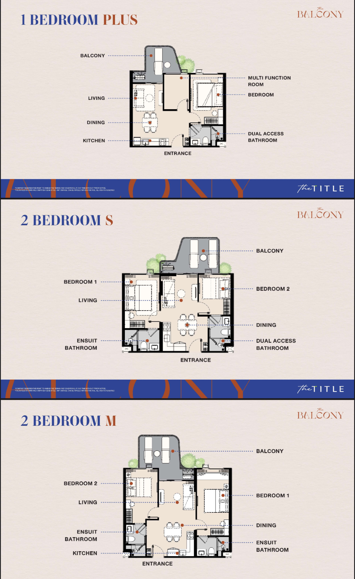 The Balcony Phuket floor plans — 1 Bedroom Plus, 2 Bedroom S and 2 Bedroom M layouts.