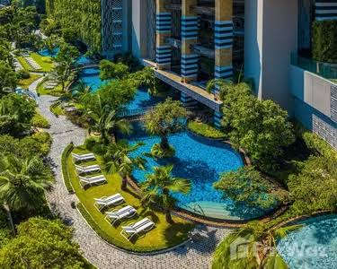 Aerial view of a lagoon-style swimming pool surrounded by palms inside a Pattaya resort condominium