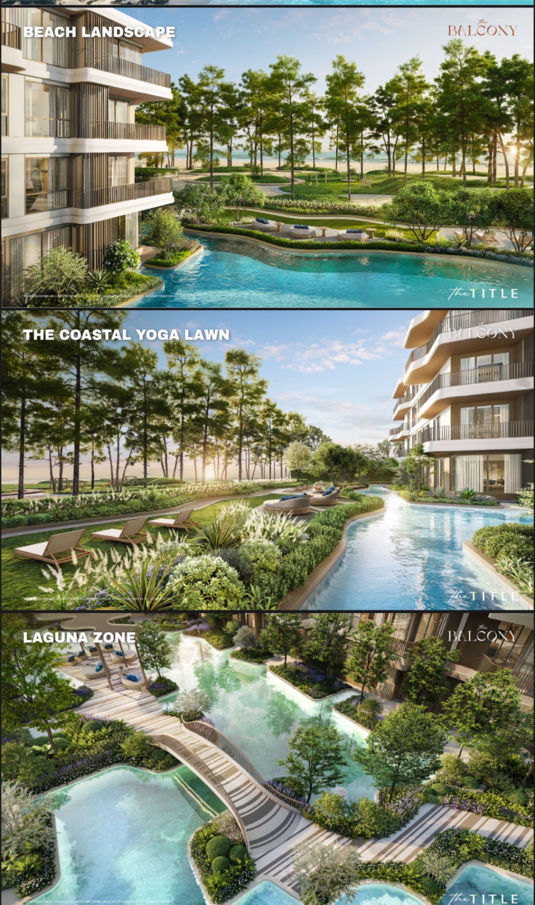 The Balcony Phuket beach landscape, coastal yoga lawn and laguna zone renders.