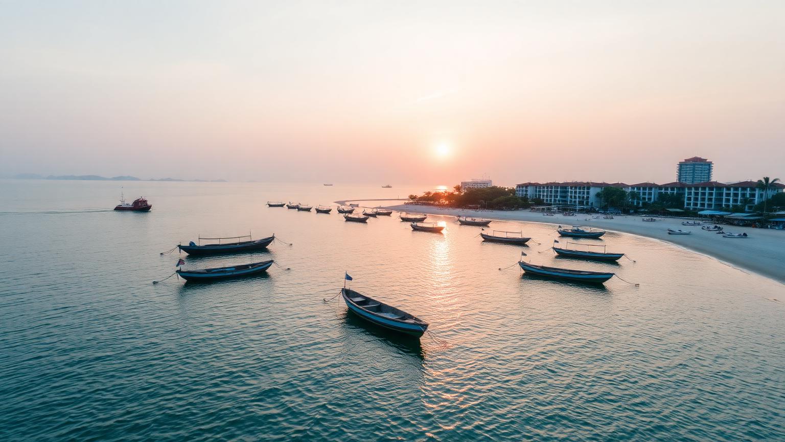 Bang Saray coastal village property investment. Editorial photograph of Bang Saray beach south of Pattaya with traditional fishing boats and emerging beachfront residences at sunrise.