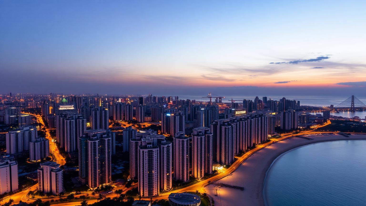 Central Pattaya property investment. Aerial view of Pattaya Beach Road skyline with dense condominium towers and crescent bay at dusk.