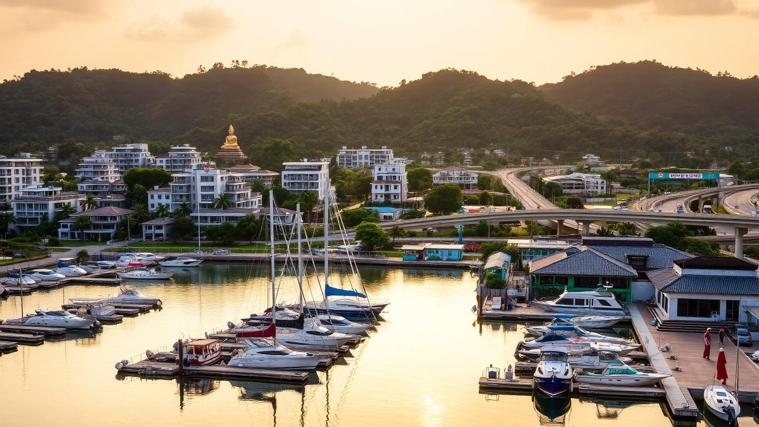 Chalong Phuket connectivity-hub property investment market. Marina, expressway interchange and Big Buddha hillside backdrop at sunset.