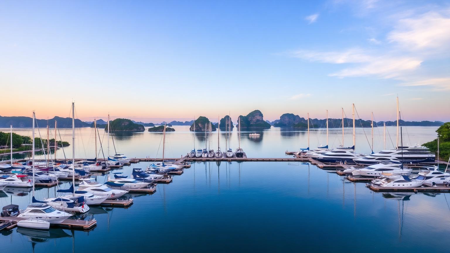 East Coast Phuket Ao Po marina property investment market. Super-yacht moorings and motor yachts overlooking the limestone karst islands of Phang Nga Bay.