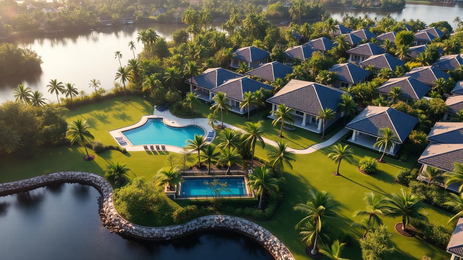 East Pattaya pool villa property investment. Aerial view of tropical pool-villa subdivision east of Pattaya with manicured gardens and palm trees.