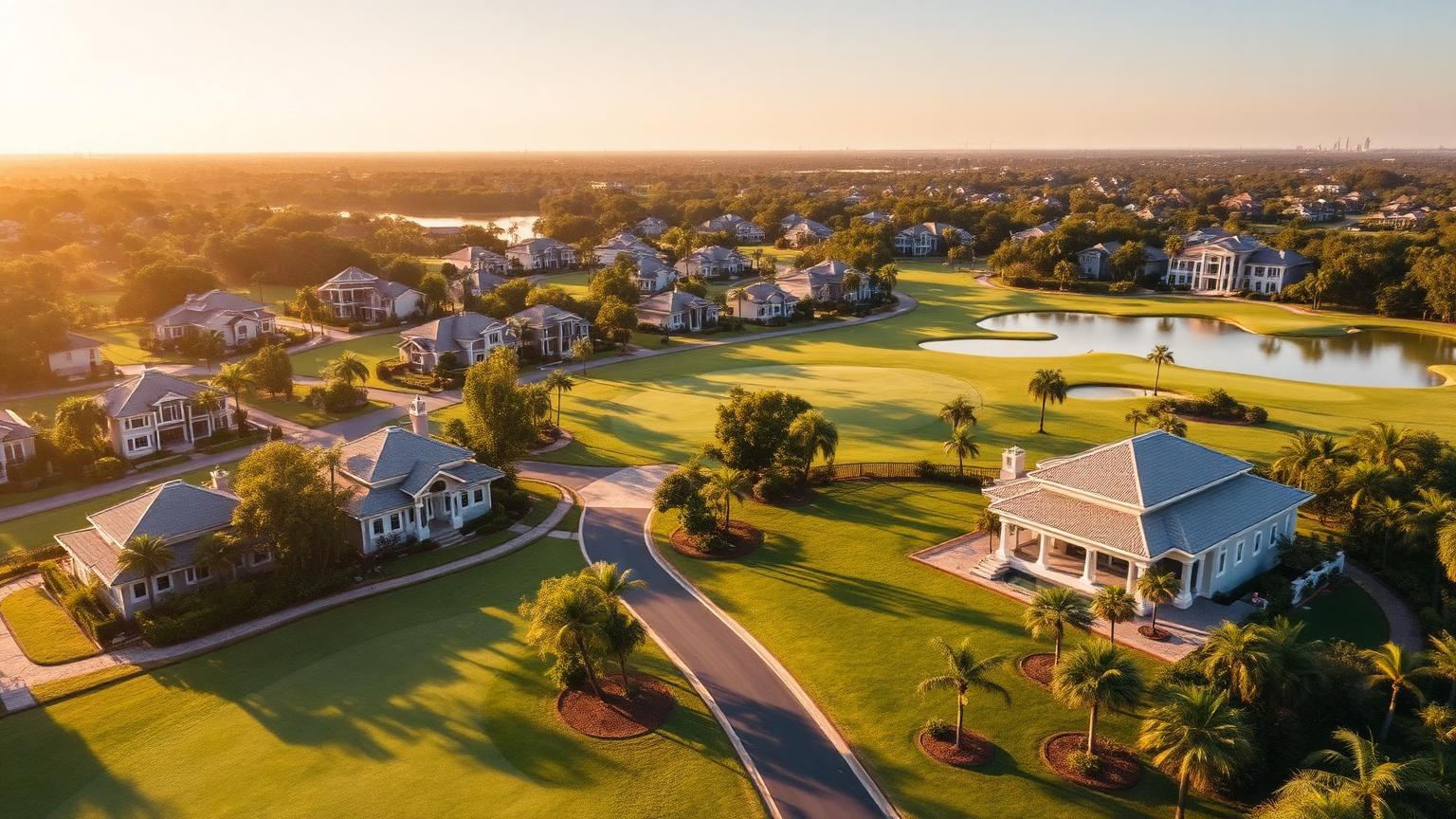 Huay Yai golf-community villa property investment. Aerial view of luxury golf-community villas with manicured fairways and lakes southeast of Pattaya at golden hour.