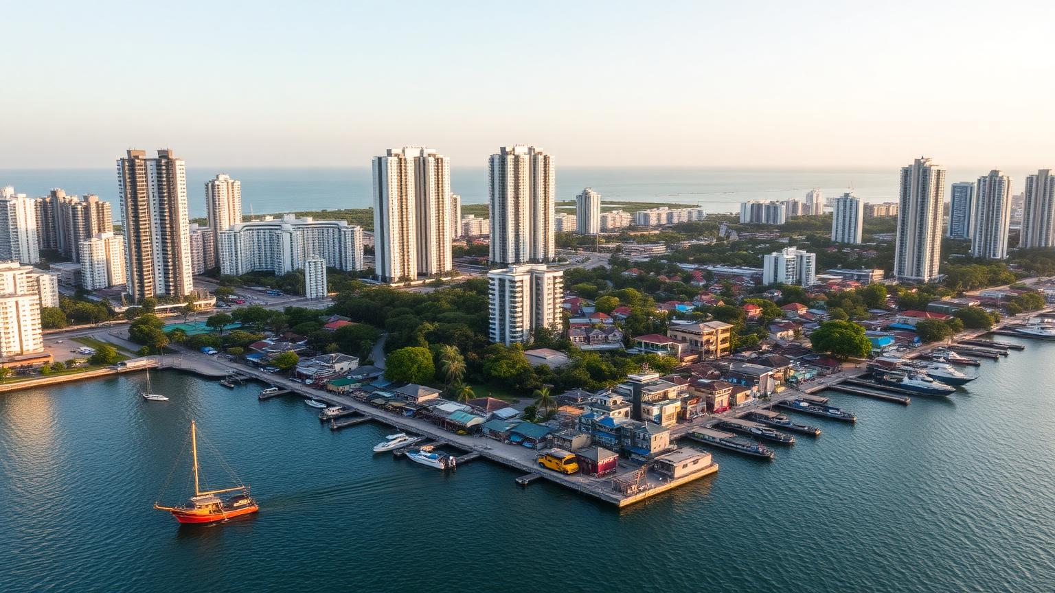 Naklua Pattaya residential property investment. Aerial view of Naklua waterfront mixing Thai-Chinese fishing village fabric and modern condominium towers.