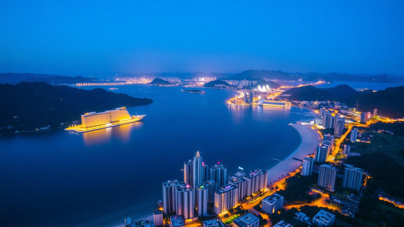 Patong Phuket high-density tourism property investment market. Illuminated crescent bay, hotel skyline and beachfront promenade at blue hour.