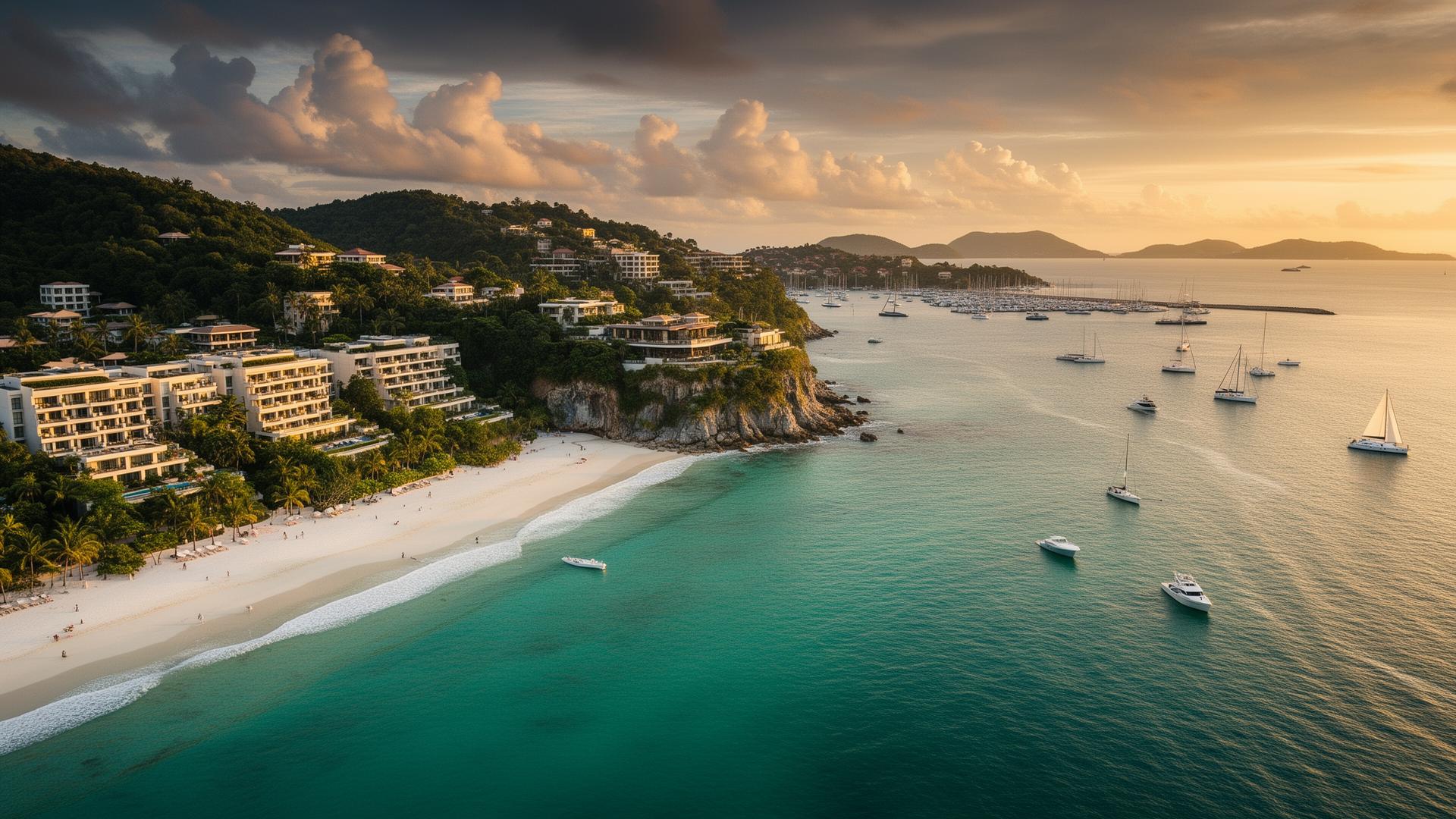 Phuket resort real estate investment, aerial of luxury Andaman coastline.