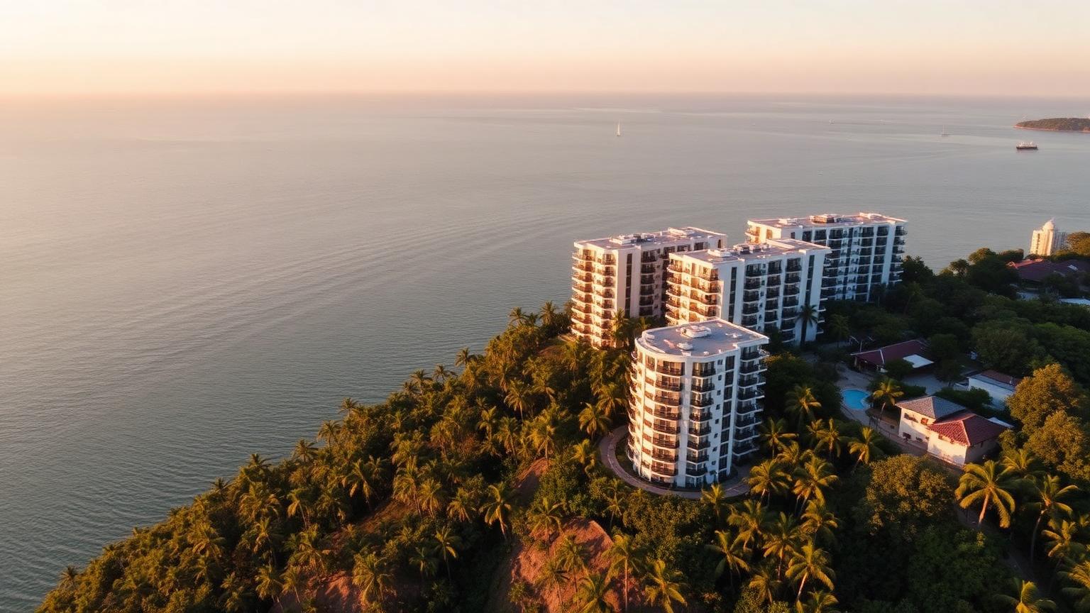 Pratumnak Hill Pattaya luxury property investment. Aerial view of hillside premium condominiums on the Pratumnak headland at golden hour.