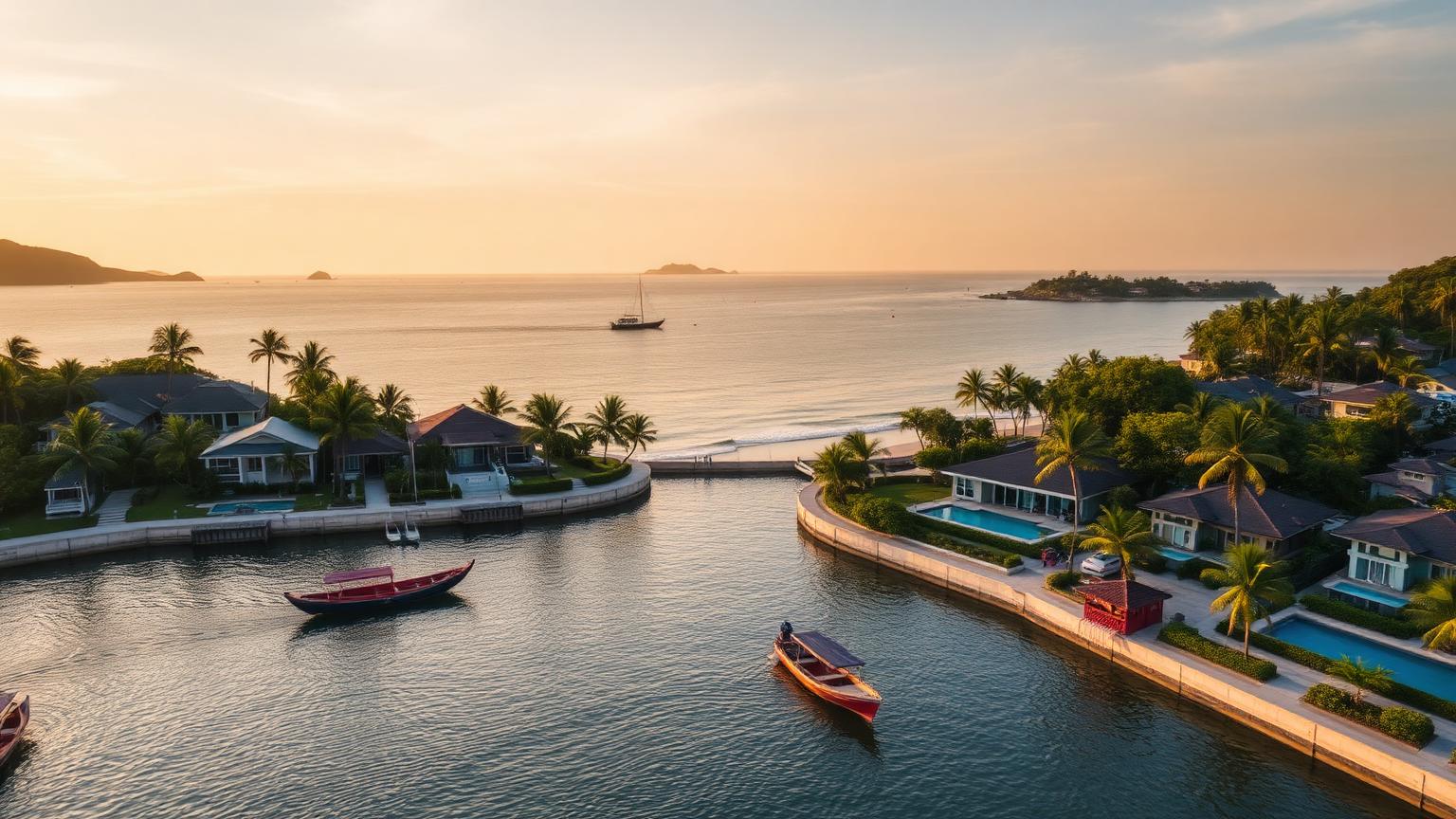 Rawai Phuket long-stay residential property investment market. Southern coastal community of pool villas, longtail boats and beachfront homes at sunset.