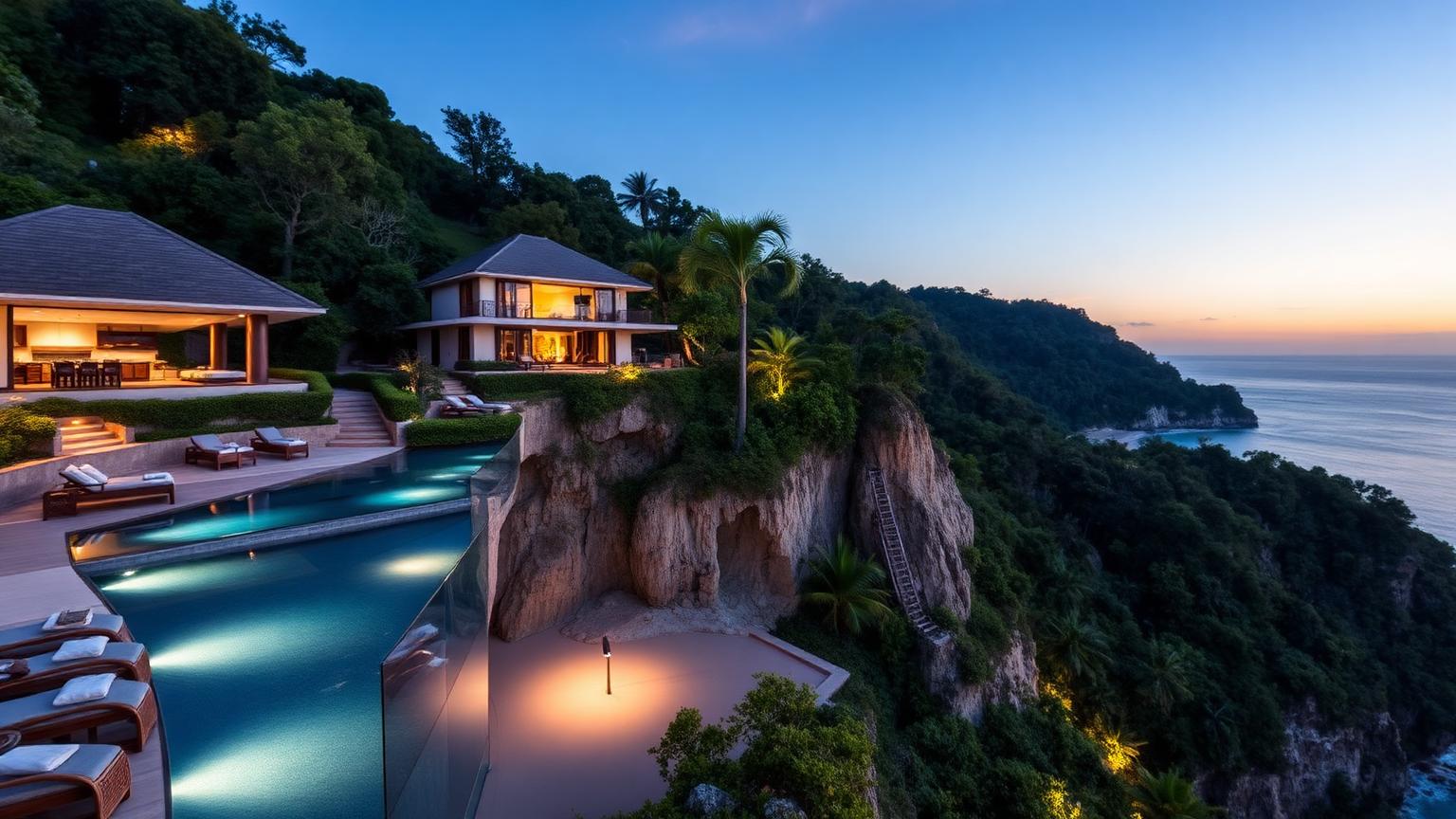 Surin Phuket trophy beachfront property investment market. Ultra-luxury hillside villas with infinity pools above a secluded west-coast cove at dusk.